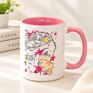 고양이 일러스트 투톤 도자기 머그컵 홈카페 생일 선물