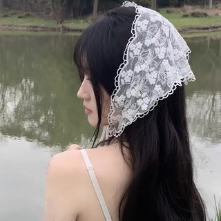 여성 프렌치 플라워 레이스 삼각 스카프 봄여름 빈티지 헤어밴드 두건