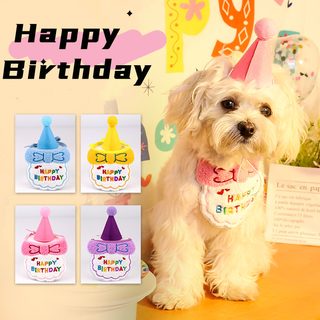 Qitty 강아지 고양이 생일 모자 턱받이 세트 반려동물 생일파티 코스튬 소품