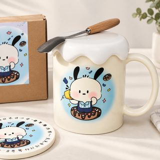 강아지 캐릭터 세라믹 머그컵 크림색 뚜껑 포함 약 350ml