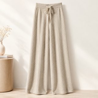 하이웨스트 미디엄 슬립 와이드 팬츠 여성 캐주얼 드리운 느낌 바닥을 닦는