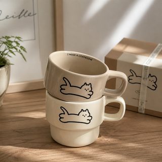 귀여운 고양이 도자기 머그컵 홈카페 커피잔
