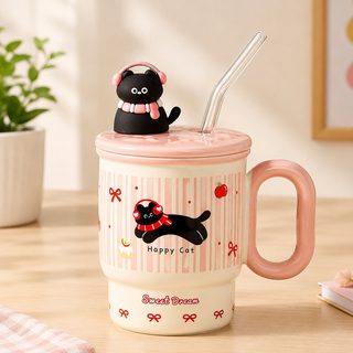 동물 캐릭터 도자기 빨대 머그컵 뚜껑 손잡이 사무실 커피잔 400ml