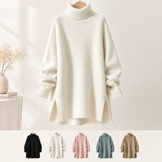 나른한 느낌의 디자인감 트임 커버 스웨터녀 2025 가을/겨울 터틀넥 루즈핏 중장기 베이스 니트