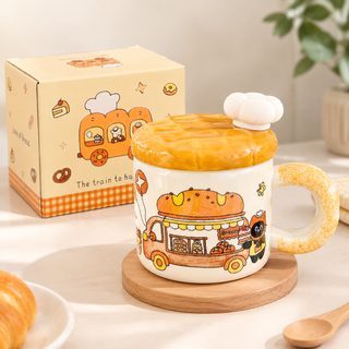 귀여운 베이커리 고양이 도자기 머그컵 420ml 뚜껑 스푼 세트