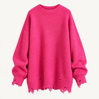 가을 겨울 무지 라운드넥 밑단 디스트로이드 루즈핏 니트 풀오버 스웨터