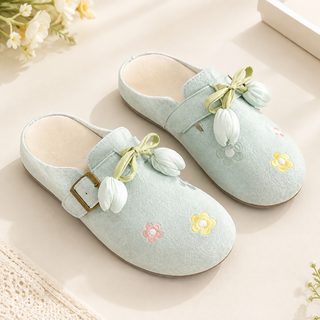 여성 앞막힘 뮬 슬리퍼 자수 플라워 장식 프렌치 플랫 여름 데일리 샌들 3~5c