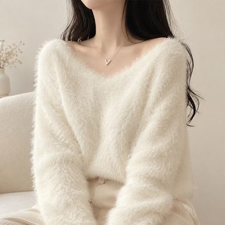 나른한 모조 밍크털 V넥 스웨터 여자 가을 겨울 2026 신상 헐렁헐렁 날씬해