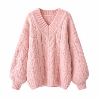 부드러운 달고나 핑크 느슨한 v넥 나른한 부드러운 바람 꽈배기 스웨터 여성 봄가을 신상 니트 붐