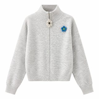 设计灰色拉链半高领毛衣外套女春秋冬小个子宽松短款针织开衫上衣