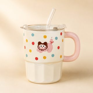 도트 동물 캐릭터 도자기 머그컵 뚜껑 유리 빨대 세트