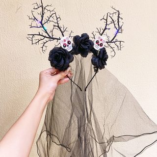할로윈 발광 해골 망사 머리띠 여성 코스프레 마녀 분장 헤어 액세서리