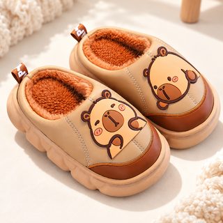 카피바라 겨울 어린이 면 슬리퍼 남녀 어린이 보온 기모 PU가죽 방수 두꺼운