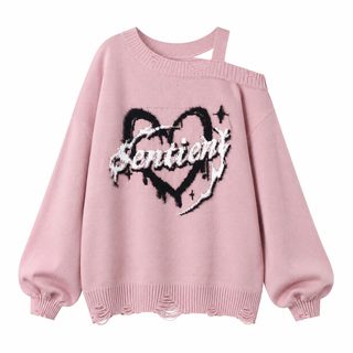 여성 사선넥 오버핏 니트 스웨터 가을 겨울 데일리 긴팔 루즈핏 카툰 상의