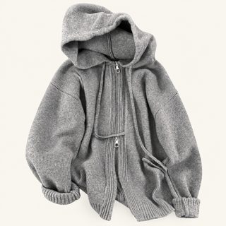 灰色连帽毛衣外套女宽松春秋冬外搭慵懒风加厚针织双拉链卫衣开衫