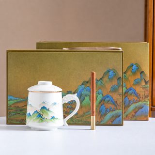 양지옥 머그컵 도자기 산수화 용 문양 비즈니스 선물세트
