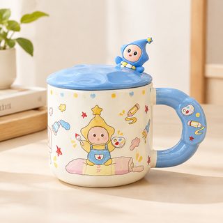 귀여운 캐릭터 도자기 머그컵 400ml 뚜껑 스푼 세트 생일 선물용