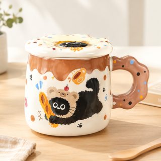 귀여운 고양이 도자기 뚜껑 머그컵 400ml 생일 선물용