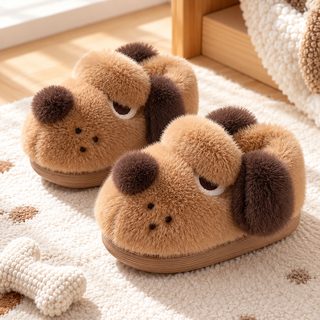 아동 털 실내화 남아 겨울 보온 뒤꿈치형 강아지 캐릭터 EVA 밑창 키즈 면 슬