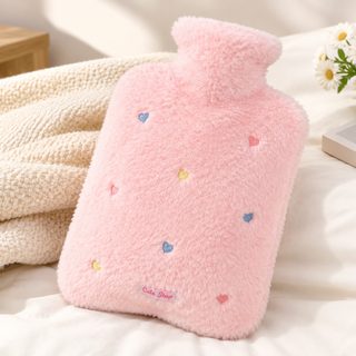 하트 자수 털커버 온수주머니 2000ml 손발 복부 보온 물주입식 찜질팩