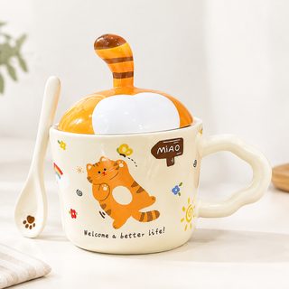 고양이 꼬리 뚜껑 도자기 머그컵 스푼 포함 사무실 커피잔 330ml