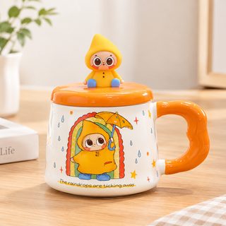 귀여운 캐릭터 도자기 뚜껑 머그컵 400ml 생일 선물용