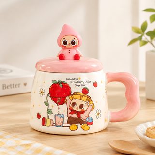 귀여운 캐릭터 도자기 뚜껑 머그컵 400ml 생일 선물