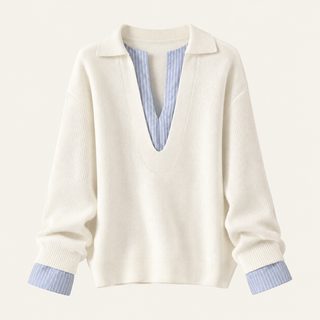 2025 가을 겨울 신상 디자인 감각 느슨해 날씬해 보이는 스웨터 여성용 줄무늬 접합 가짜 두 벌 긴팔 니트