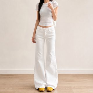 흰색 매운 여자 낮은 허리 약간 청바지 여자 여름 신상 디자인 감각 넓은 다리 날씬해 보이다 다리 나팔 바지