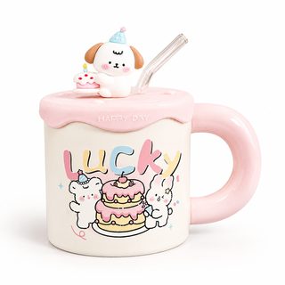 귀여운 캐릭터 도자기 머그컵 실리콘 뚜껑 빨대 세트 생일 선물