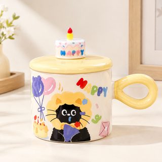 고양이 도자기 뚜껑 머그컵 380ml 사무실 생일 선물