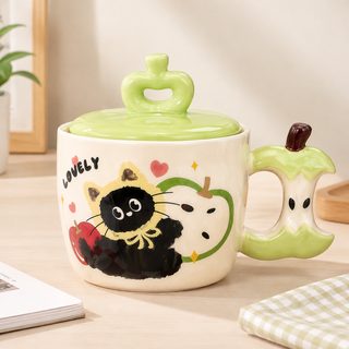 사과 고양이 도자기 뚜껑 머그컵 450ml 사무실 손잡이 컵