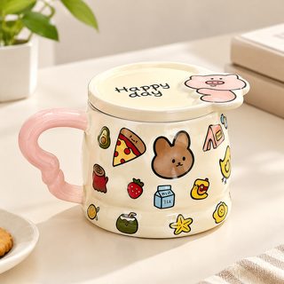 귀여운 동물 캐릭터 도자기 뚜껑 머그컵 400ml 사무실 커피잔