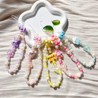 신상 캔디 컬러 산리오 카툰 구슬 리본 핸드폰 스트랩 분실방지 휴대폰 키