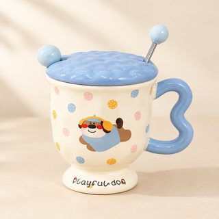 강아지 고양이 도자기 머그컵 400ml 웨이브 손잡이 사무실 커피잔