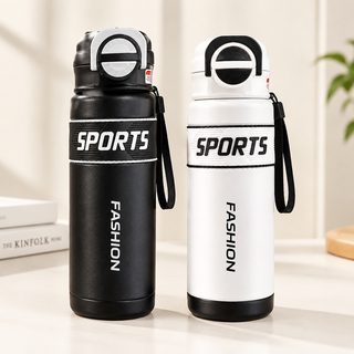 스테인리스 빨대 보온병 550ml 원터치 잠금 뚜껑 휴대용 스포츠 물병