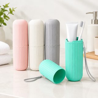 휴대용 세로줄무늬 칫솔 치약 수납 양치컵 케이스
