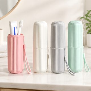 세로 줄무늬 세면컵 뚜껑 휴대용 여행 칫솔함 세트 치약 칫솔통 수납함 양