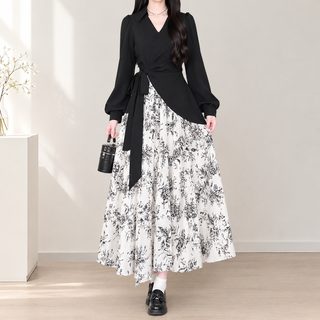 秋装新款新中式国风水墨花花拼接长袖连衣裙显瘦设计感收腰长裙子