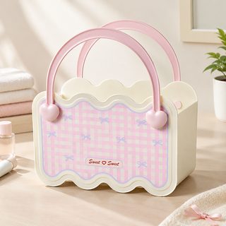 체크 리본 대용량 휴대용 목욕 바구니 세면용품 수납