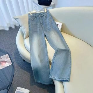 여성 빅사이즈 레트로 블루 9부 와이드 스트레이트 데님 팬츠 체형 커버 루