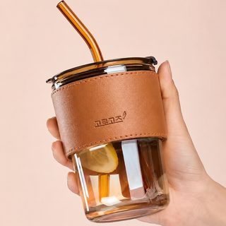 내열 유리 물컵 400~450ml 빨대 뚜껑 휴대용 커피컵 답례품 판촉 선물