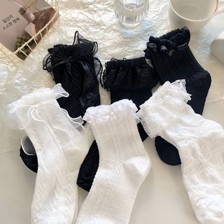 심플한 화이트 리본 레이스 양말 미디엄 스타킹 여름 얇은 일본계 달콤한