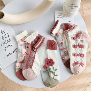여성 여름 시스루 크리스탈 양말 튤립 플라워 레이스 얇은 단목 양말 5켤레