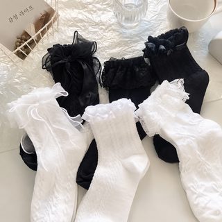 여성 중목 양말 블랙 화이트 리본 프릴 레이스 여름 얇은 JK 로리타 공주 양