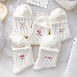 흰색 양말 여자 봄 여름 인스타 한국판 일본계 귀여운 만화 토끼 중통 더미