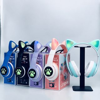 STN-28 고양이 귀 LED 블루투스 헤드셋 접이식 카드 재생 무선 헤드폰 저지연