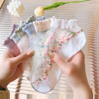 여성 시스루 꽃무늬 프릴 발목양말 5색 5켤레 세트 통기성 흡한 여름 데일리