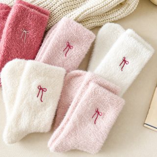 가을 겨울 양말 여자 밍크 벨벳 리본 벨벳 양말 귀엽다 달콤하다 중통 양말