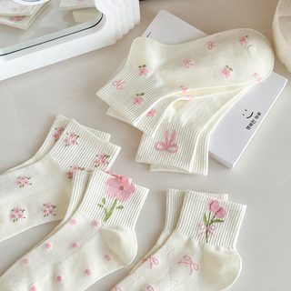 여성 플라워 도트 리본 발목양말 일본풍 화이트 숏삭스 봄 여름 가을 데일